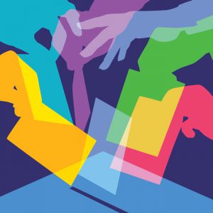 Colorful overlapping silhouettes of people voting
