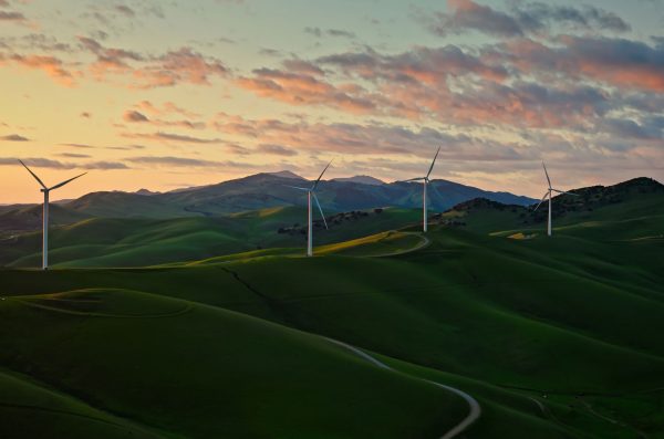Aerial photograph of green hills in Altamont, California. The hills are dotted with windmills.