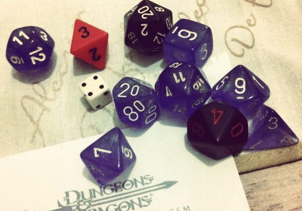 Image of multi-sided, multi-colored dice used in the game Dungeons & Dragons.